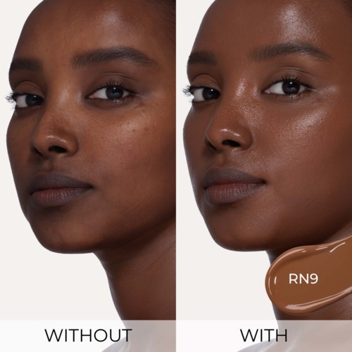 Vergleich zeigt ein Gesicht vor und nach der Anwendung eines Hautpflegeprodukts namens RN9, mit klarerer Haut nach der Anwendung.