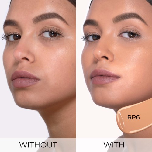 Seitenansichten eines Frauen Gesichts vor und nach Anwendung eines Hautpflegeprodukts namens RP6.