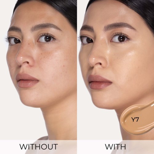 Vorher- und Nachher-Bilder, die verbesserte Haut zeigen, durch Make-up oder Hautpflege. Klarere, glatte und gleichmäßige Haut.