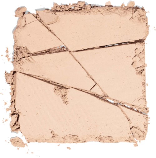 Beige Makeuppuder in Quadratform mit sichtbaren Linien und Krümeln am Rand.