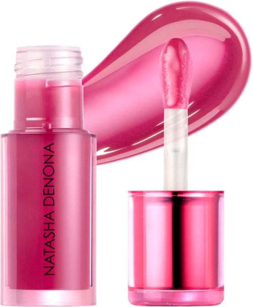 Rosa Lipgloss mit Applikator und Markenname Natasha Denona auf Flasche.