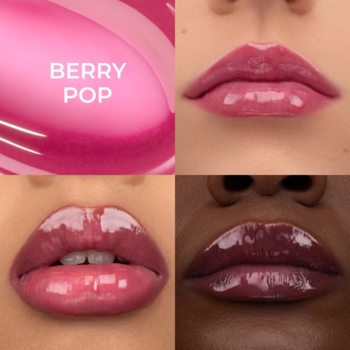 Ein pinker Glanzaufkleber mit der Aufschrift Berry Pop, und vier Bilder zeigen glänzende, bunte Lippen in verschiedenen Hauttönen.