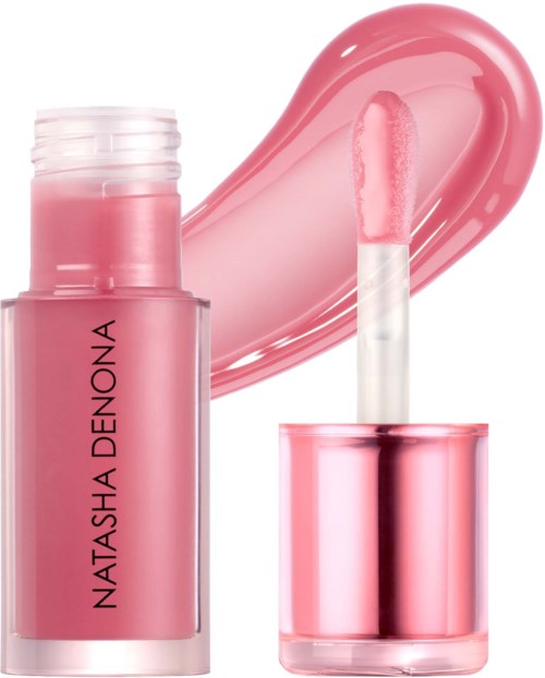 Rosa Lipgloss mit Applikator, glänzende Textur und Markenname Natasha Denona auf Flasche.
