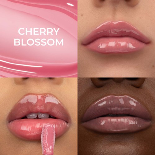 Ein Logo zeigt Cherry Blossom mit Nahaufnahmen glänzender Lippen in verschiedenen Hauttönen und pinkem Lipgloss.