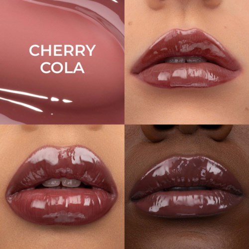 Vier Nahaufnahmen von Lippen mit glänzendem Lippenstift in verschiedenen Farben, begleitet von einem Label mit Cherry Cola.