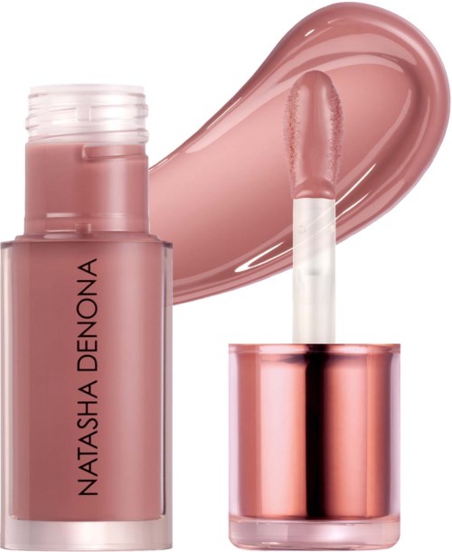 Ein Lipgloss-Röhrchen mit Applikator und rosa-nudet flüssigen Glanz.