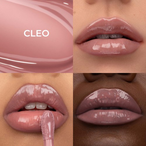 Vier Nahaufnahmen von Lippen mit glänzendem, nude Lippenstift in verschiedenen Hauttönen. Ein Bild zeigt eine Lippenstift-Hülse.