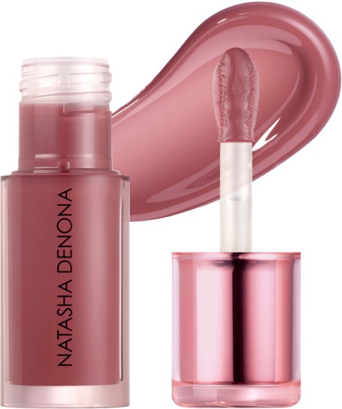 Lippen Gloss in rosa Behälter mit Applikator, zeigt eine pinke Schicht dahinter.