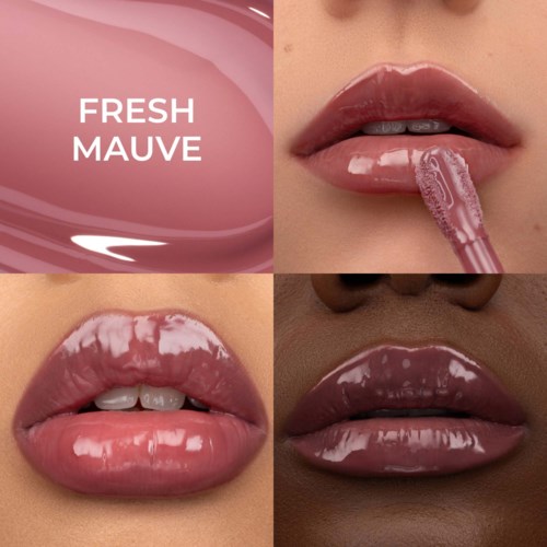 Eine vierteilige Collage mit verschiedenen Mauve-Lippenstiftfarben und einem Zeichen, das Fresh Mauve sagt.
