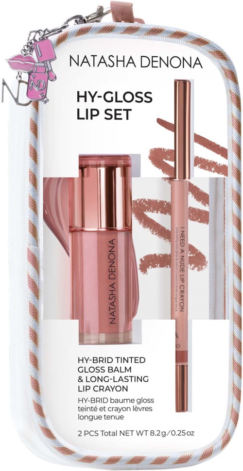 Läppglansset med en tonad gloss och långvarig kräm i rosGold-förpackning, visad i ett klart fall med märket.