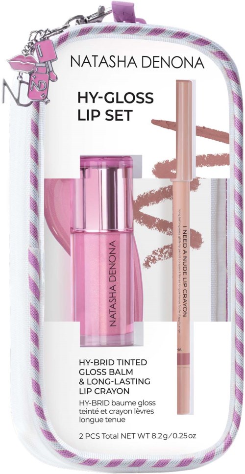 Läppglansset med en rosa tonad gloss, långvarig läppkrita och genomskinlig gloss i ett transparent rosa fodral.