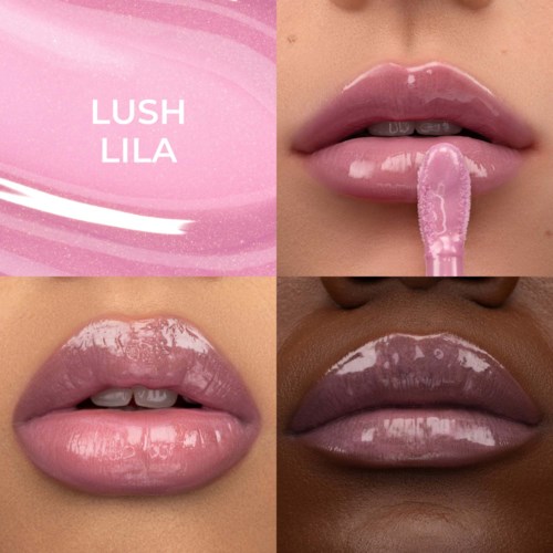 Lippen Gloss auf drei verschiedenen Lippen, mit Lush Lila Logo in der Ecke.