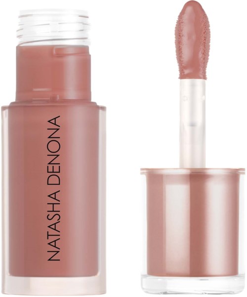 Leppeglans i rosa tube med åpen applikator, merket Natasha Denona.