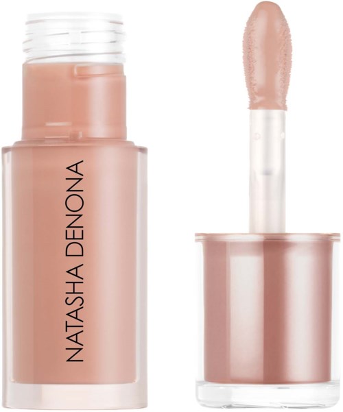 Lipgloss i myk rosa nyanse med applikator og rosa beholder med Natasha Denona-merke.