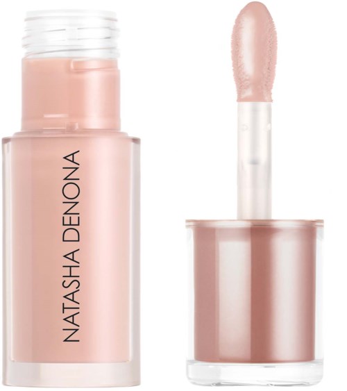 Leppglans i klar flaske med rosa gloss og hvit hette med påføringsapplikator.