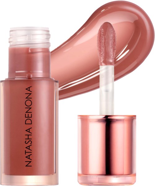 Lippenstift- oder Lipgloss-Röhre mit einer Bürste und einer glänzenden, rosafarbenen Flüssigkeit dahinter.