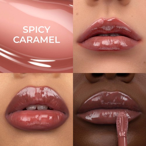 Vier Bilder zeigen glänzende, karamellfarbene Lippen, eines mit Text: Spicy Caramel.