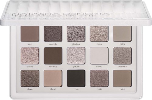 Eyeshadow palette with fifteen shades ranging from neutral to dark, including matte, shimmer, and glitter finishes.