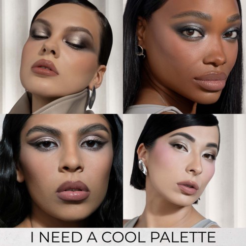 Four women with different makeup looks showcase eyeshadows, lip colors, and hairstyles, highlighting diverse beauty styles.