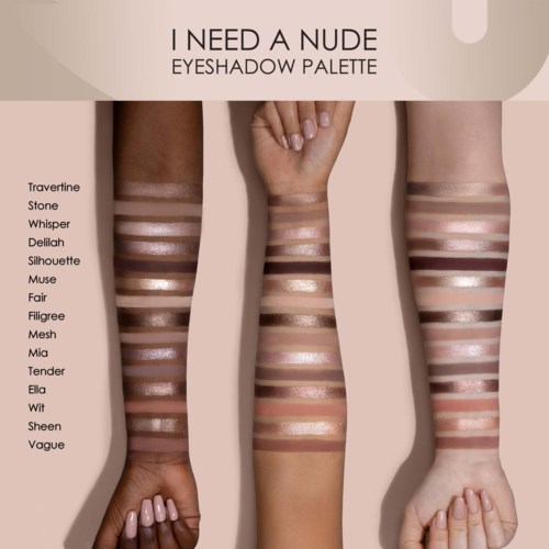 Mustertafel mit 16 Nude-Augen shades an drei Armen mit Namensliste.