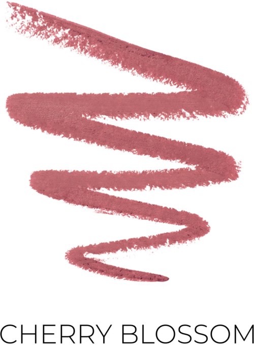 Ein pinker Lippenstiftstrich mit den Worten CHERRY BLOSSOM darunter.