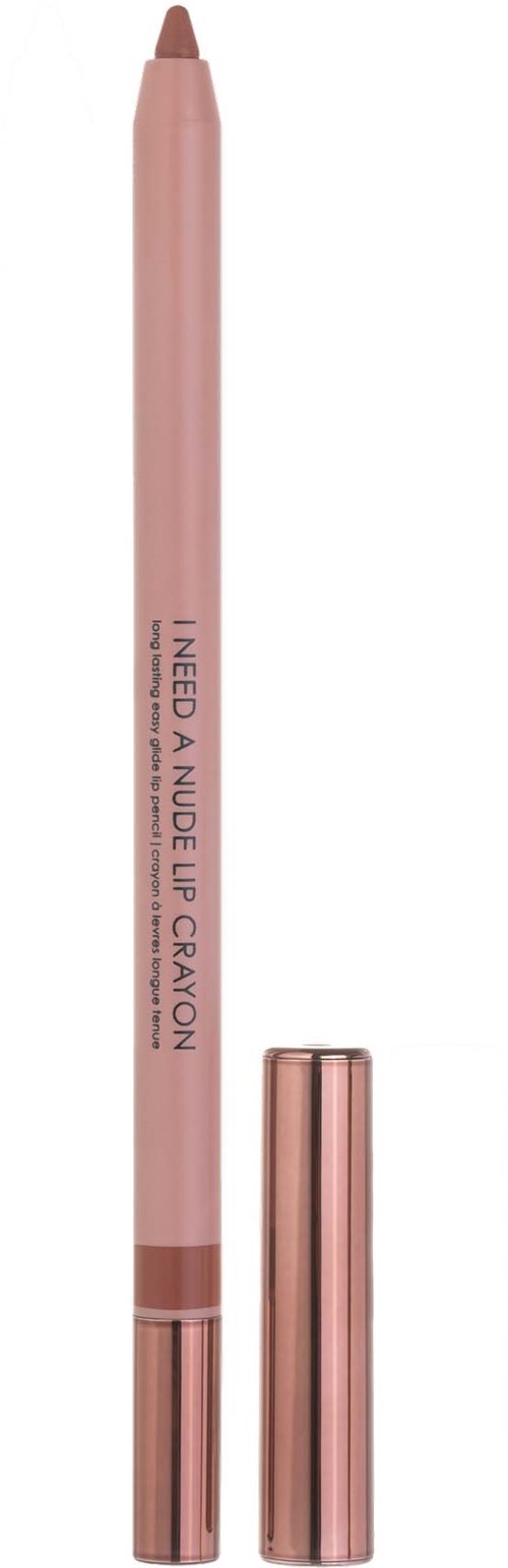 Lippenkonturenstift mit roségoldenem Deckel und rosa Körper, Text sagt I NEED A NUDE LIP CRAYON.