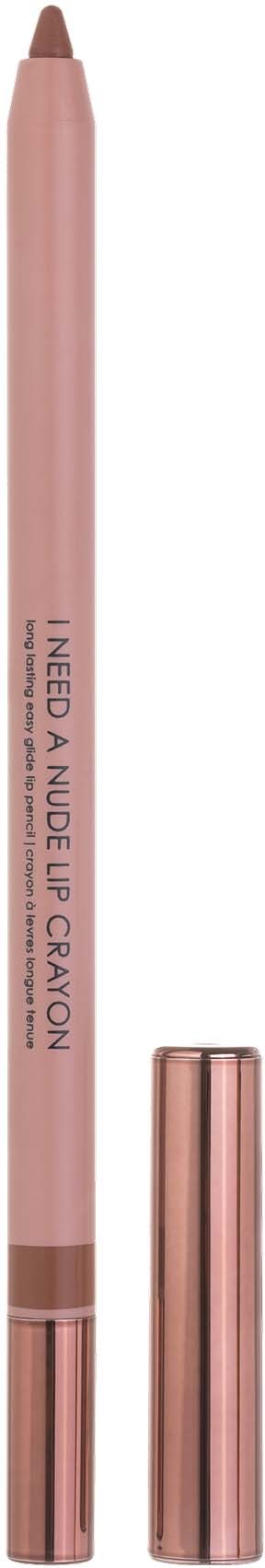 Ein rosa Make-up-Stift mit roségoldener Kappe und der Aufschrift I NEED A NUDE LIP CRAYON.