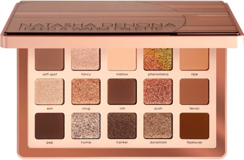Ein rechteckiger Lidschattenpalette mit 12 Tönen, darunter weiche, glänzende und matte Farben, Namen darunter.