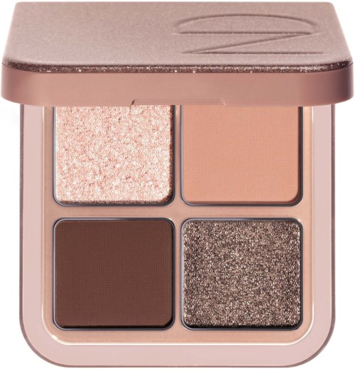 Kleine Lidschattenpalette mit vier Farbtönen: rosa Glitzer, Pfirsich-Matte, dunkles Braun-Matte und Silber-Glitzer.