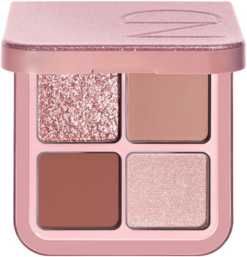 Eine rosa Makeup-Palette mit vier verschiedenen Lidschattfarben, inklusive Glitzer, Matt und Schimmer.