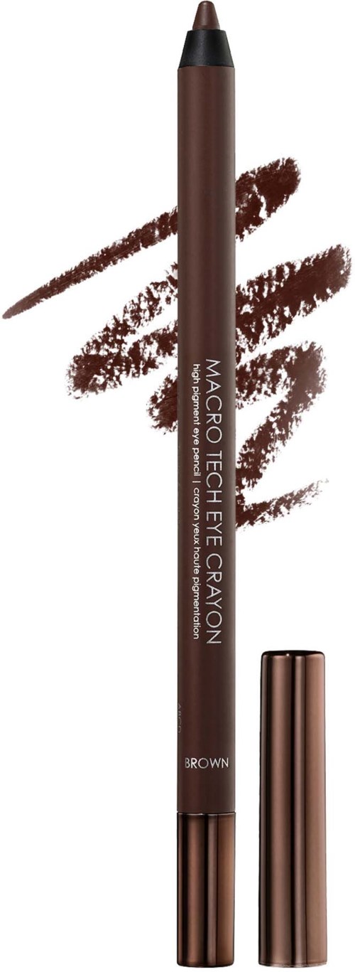 Braune Augenstift mit Deckel, gekennzeichnet als Macro Tech Eye Crayon, für Augen-Make-up.