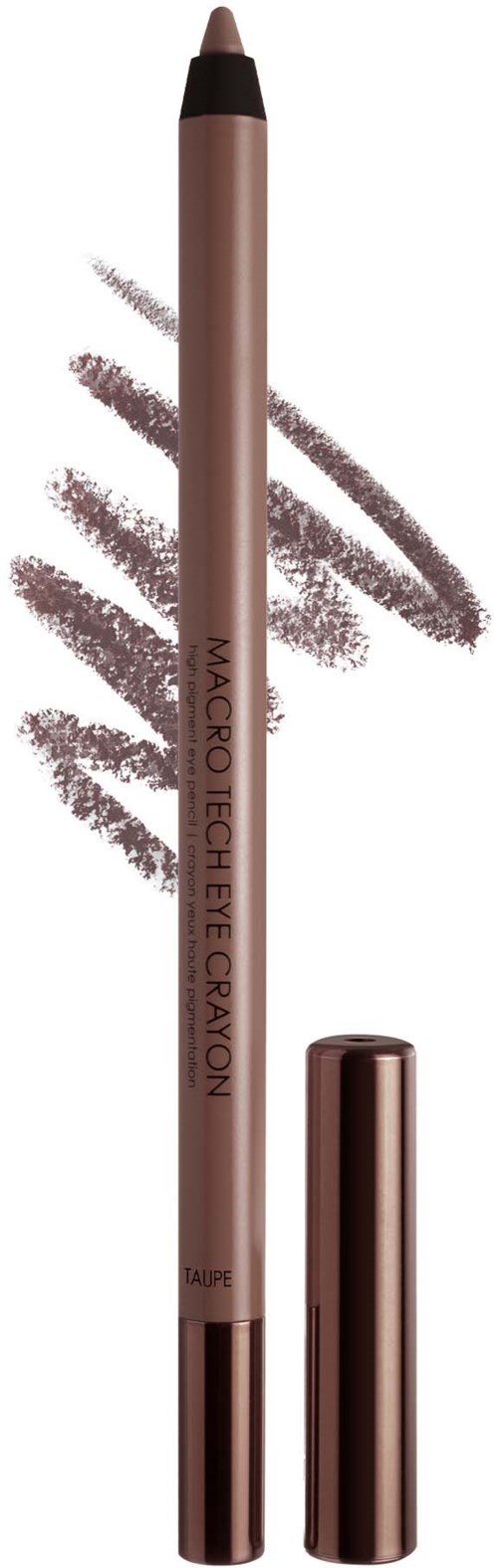 Ein doppelseitiger Augenstift mit spitzem Ende und metallisch roségoldenem Gehäuse, beschriftet in Schwarz.