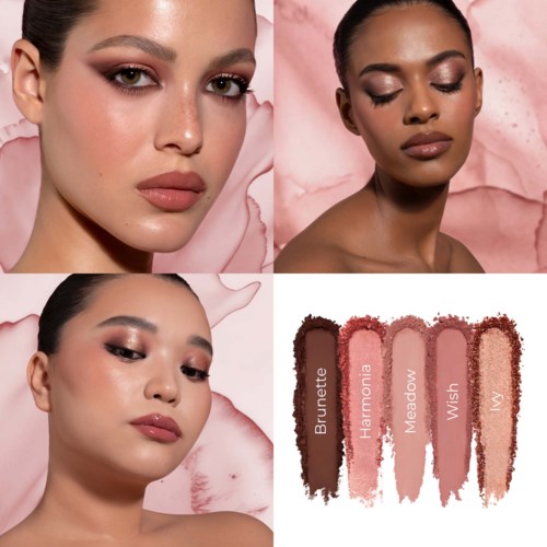 Tre kvinnor med olika makeup-looks och en palett med fem rougefärger märkt Brunette, Harmonia, Meadow, Wish och en blank highlighter.