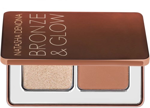 Eine Make-up-Palette mit zwei Tönen, schimmernd und matt, in einem rosa-braunen Gehäuse mit Deckel.