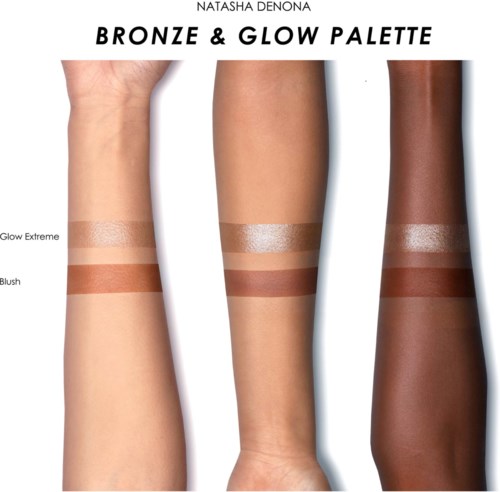 Proben von Bronze- und Glow-Makeup-Nuancen auf drei Armen in unterschiedlichen Hauttönen. Beschriftungen: Glow Extreme und Blush.