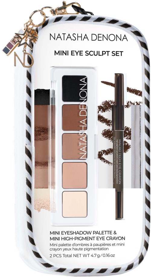 Natalia Denona mini ögonskuggpalette med fyra neutrala skuggor och en liten ögonkrita i förpackningen.