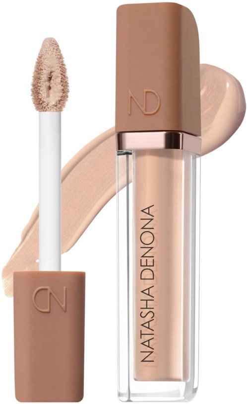 Lipglans med beige kork och genomskinlig tub som visar ljusrosa nyanser. Lipglansborste nära.
