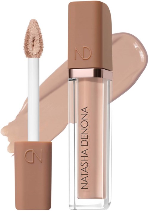 Läppglans med beige kork och applicator. Glanset är en ljus nude-nyans. Bakgrunden visar prover av produkten.