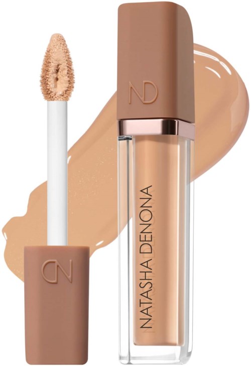 Läppglansrör med beige lock och applikator, och ljusbeige vätska inuti, med ett glansprov som streck på bakgrunden.