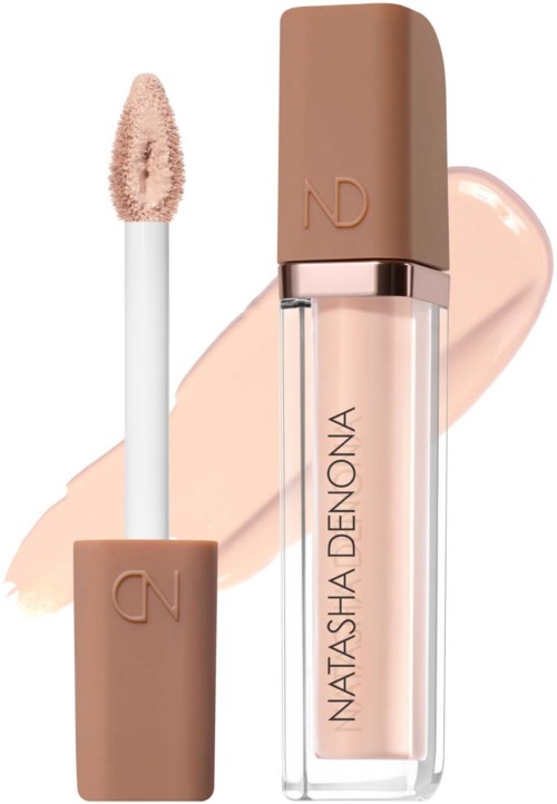 Läppglans i beige nyans med genomskinnlig tub och beige lock med NATAISHA DENONA-logga.