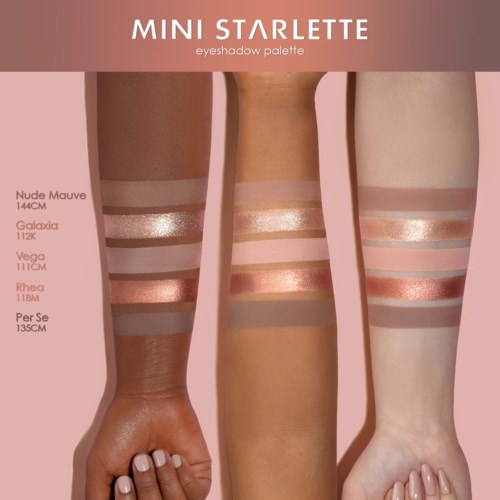 Sechs Arme zeigen unterschiedliche Nude-Augen shades mit Messangaben, von hell bis dunkel, auf rosa Hintergrund.