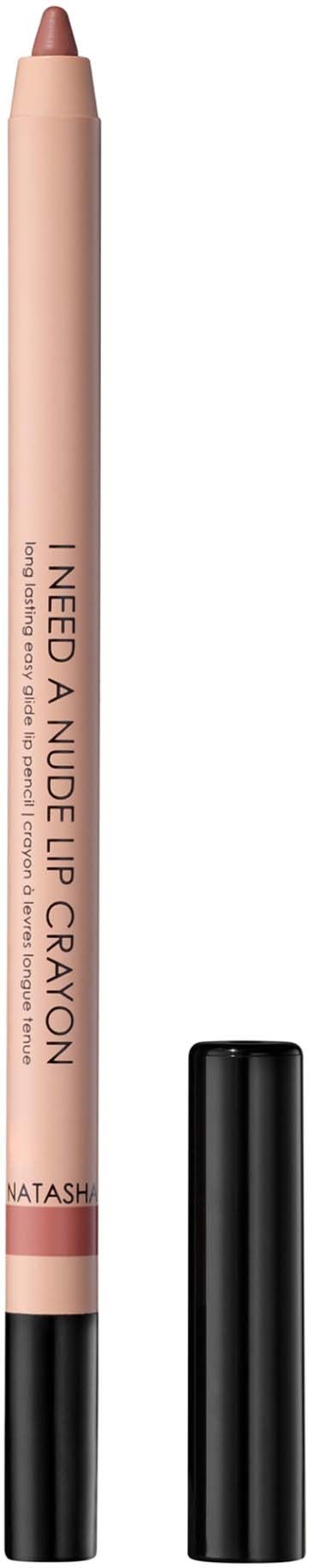 Ein beiger Lippenstiftstift mit schwarzem Deckel, mit pinkem Text I NEED A NUDE LIP CRAYON und NATA SHA.