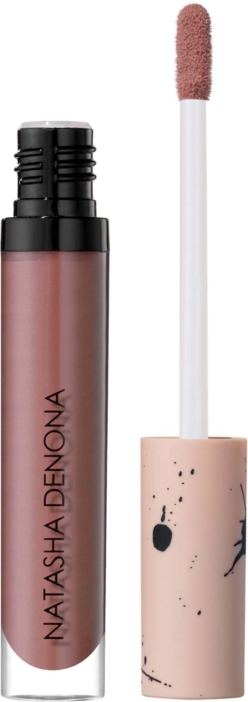 Flüssiger Lippenstift mit beige und schwarzem Sprenkel-Design auf dem Deckel und Applikator.