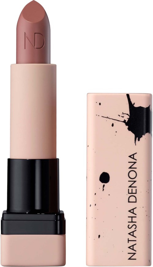Lippenstift in Pink mit schwarz-rosa Spritzmuster, beschriftet Natasha Denona.