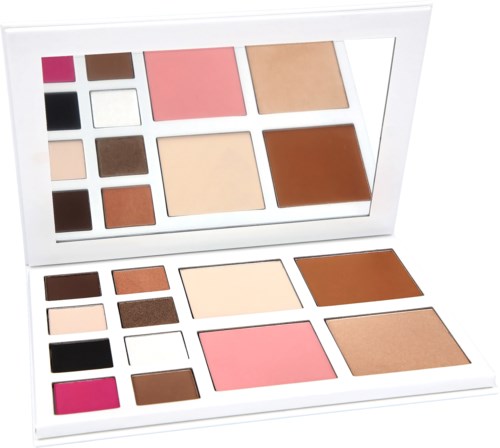 En sminke-palett med ulike øyenskygger og blushfarger, inkludert rosa, brunt, beige og svart.