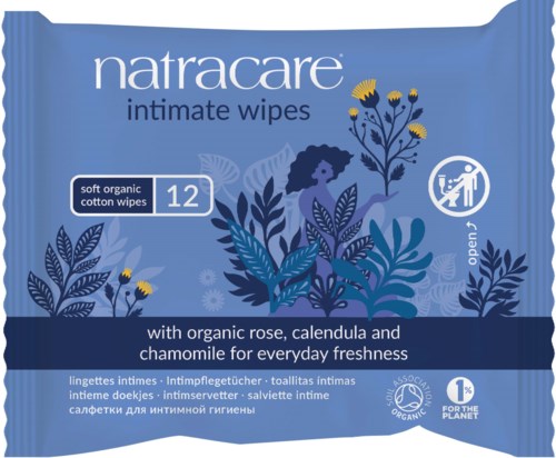 Natracare Intimhygienetücher enthalten Bio-Rose, Calendula und Kamille für Frische. Packung enthält 12 Baumwolltücher.