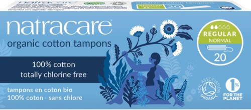 Box mit Bio-Baumwolltampons, chlorfrei, für normalen Fluss, mit umweltfreundlichen und biologischen Logos.