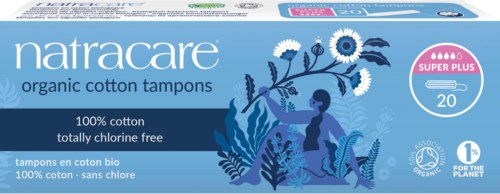 Schachtel mit Natracare Bio-Baumwolltampons, die chlorfrei sind und für empfindliche Anwendungen geeignet.