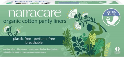 Verpackung Natracare Bio-Baumwoll-Slipeinlagen, umweltfreundlich, superdünn, atmungsaktiv, 22 Stück, pflanzenbasierte Verpackung.