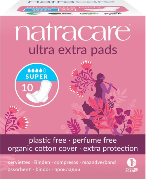 Natracare Ultra Extra Binden in pinker Schachtel mit Blumenmuster, kleiner blauer Kreis sagt 'SUPER 10'.